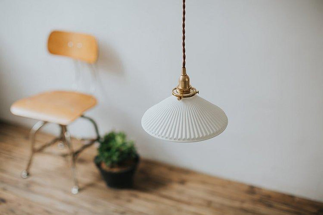 Eden Fluted White Shade With Brass Fitting midcentury Pendant Light-DWHOME