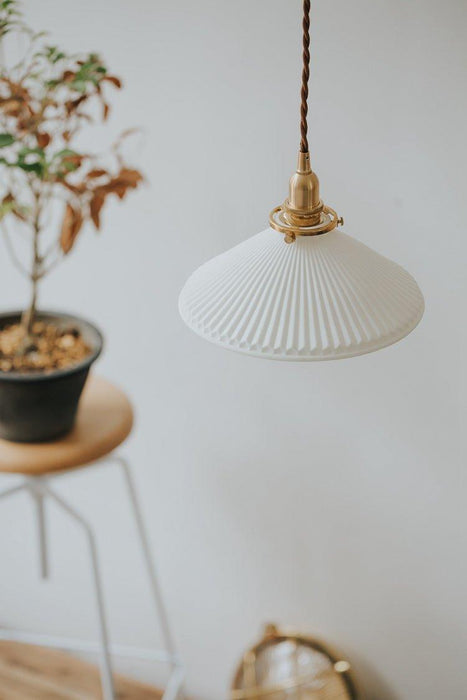 Eden Fluted White Shade With Brass Fitting midcentury Pendant Light - DWHOME