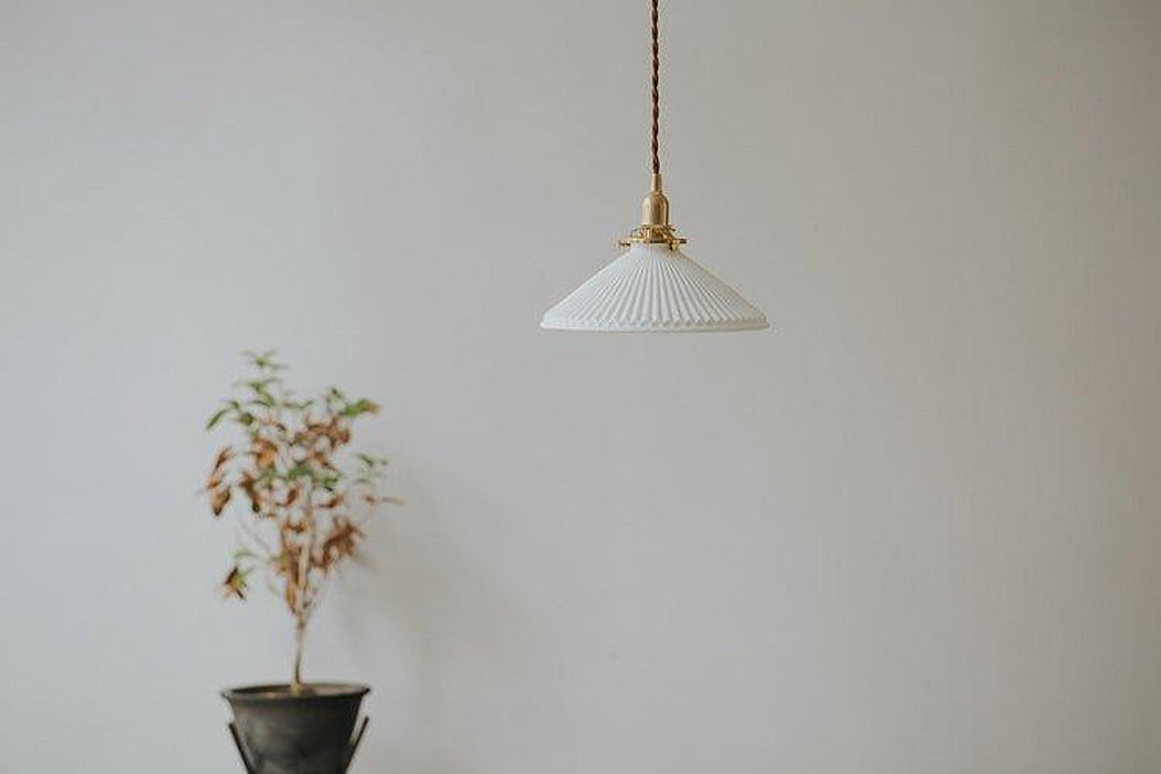 Eden Fluted White Shade With Brass Fitting midcentury Pendant Light-DWHOME