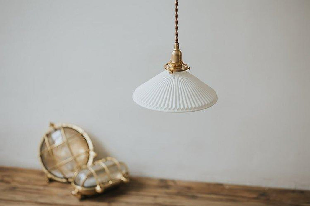 Eden Fluted White Shade With Brass Fitting midcentury Pendant Light-DWHOME