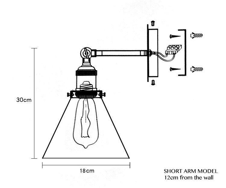 Glass Cone Shade Wall Light. Industrial Retro Styled Bedside Light. - DWHOME