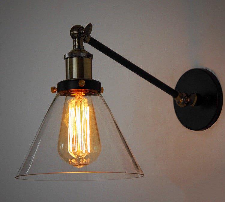 Glass Cone Shade Wall Light. Industrial Retro Styled Bedside Light. - DWHOME