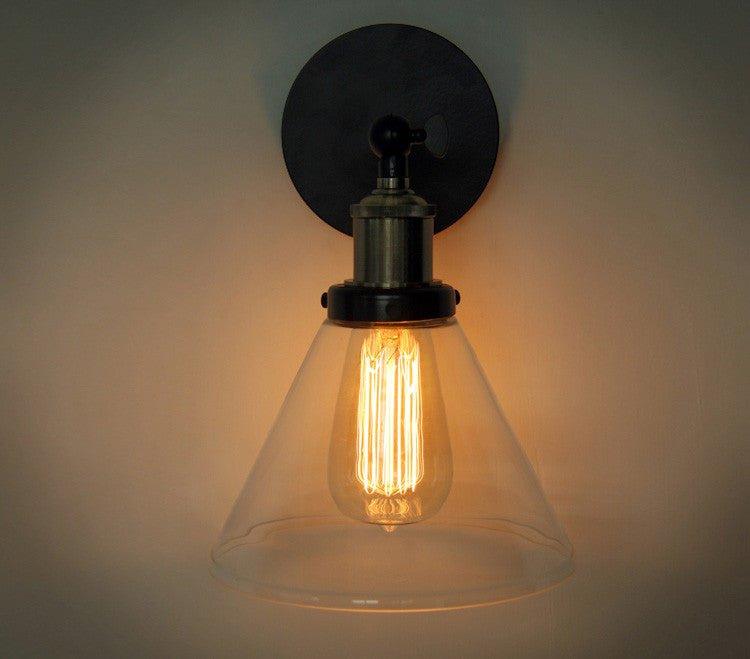 Glass Cone Shade Wall Light. Industrial Retro Styled Bedside Light. - DWHOME