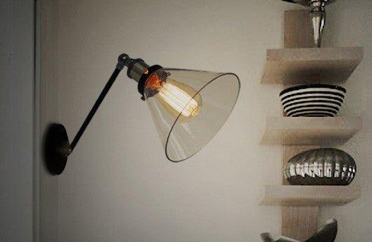 Glass Cone Shade Wall Light. Industrial Retro Styled Bedside Light. - DWHOME