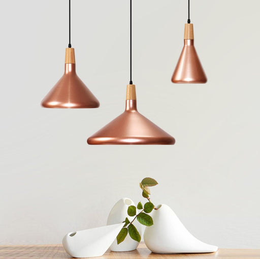 Kopar Minimalist Copper Brass Coloured Shade And Wooden Pendant Light-DWHOME