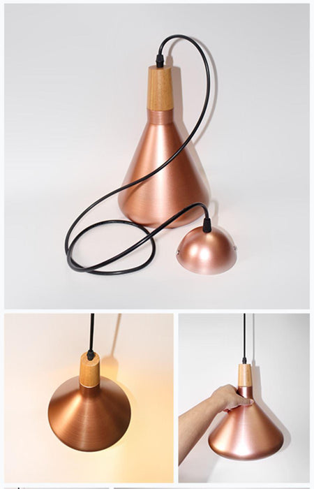 Kopar Minimalist Copper Brass Coloured Shade And Wooden Pendant Light - DWHOME