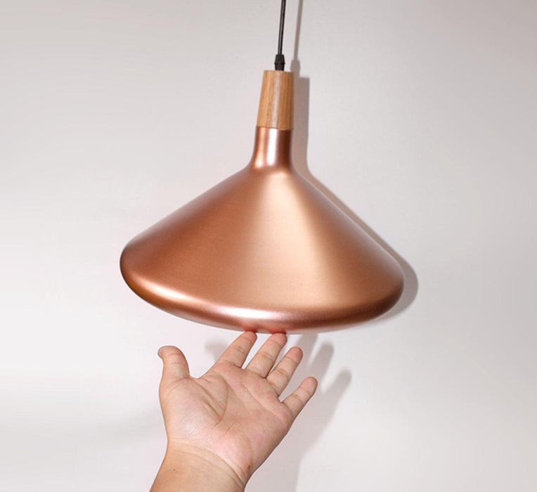 Kopar Minimalist Copper Brass Coloured Shade And Wooden Pendant Light - DWHOME