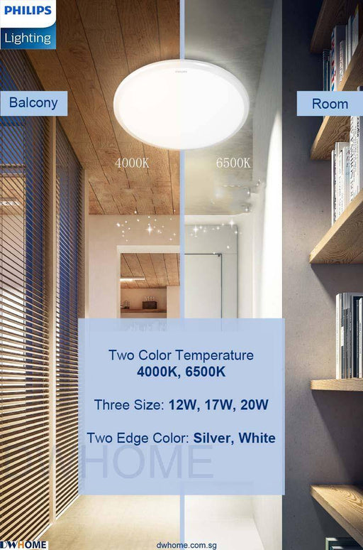 PHILIPS LED Ceiling light CL254 Series Round, 12W/17W/20W, Silver, White Edge Color, Bright - DWHOME